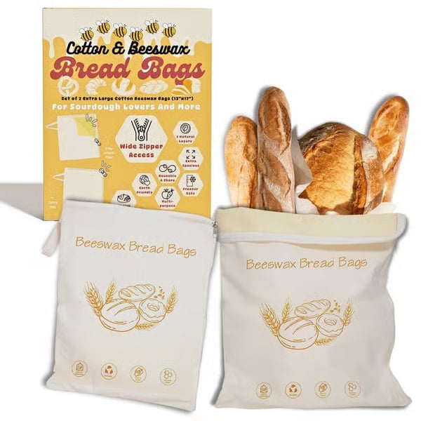 🍞Wide Zipper Access Cotton & Beeswax Bread Bags for Sourdough✨