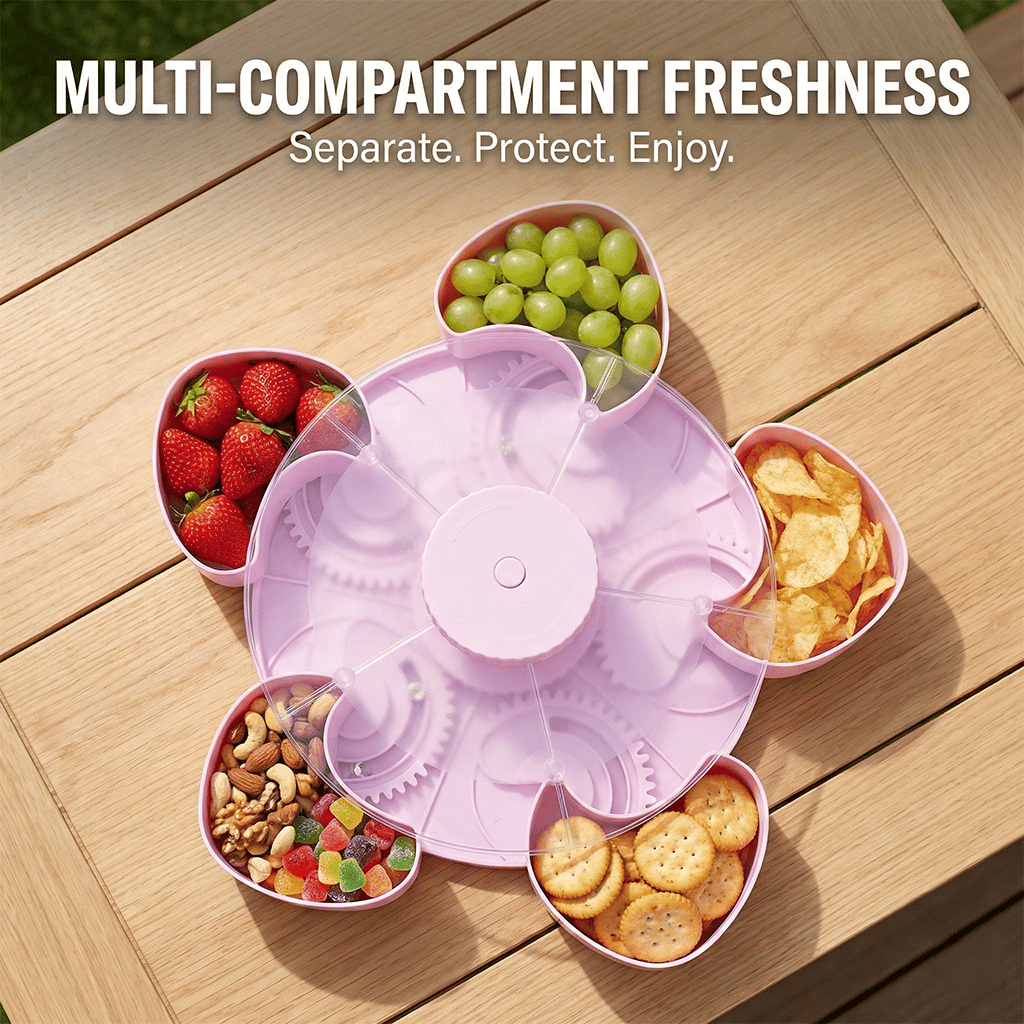 🍿✨Divided Spin & Snack Serving Tray – Rotating Lazy Susan Snack Tray with Compartments, Perfect for Fruit, Candy, Nuts & Party Snacks