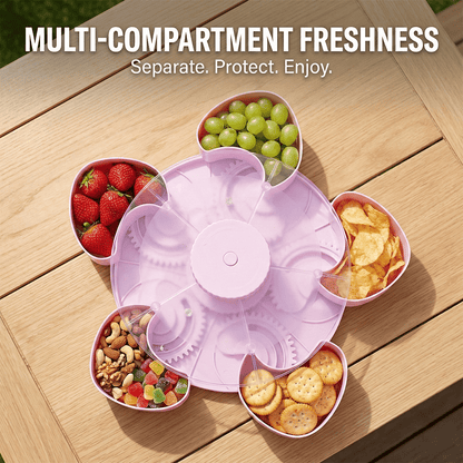 🍿✨Divided Spin & Snack Serving Tray – Rotating Lazy Susan Snack Tray with Compartments, Perfect for Fruit, Candy, Nuts & Party Snacks
