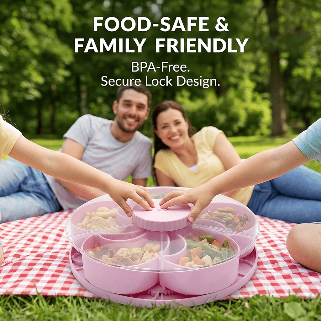 🍿✨Divided Spin & Snack Serving Tray – Rotating Lazy Susan Snack Tray with Compartments, Perfect for Fruit, Candy, Nuts & Party Snacks